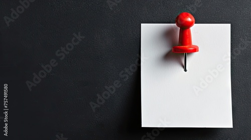 white sticky note with a red push pin on a sleek black background, perfect for office reminders. photo