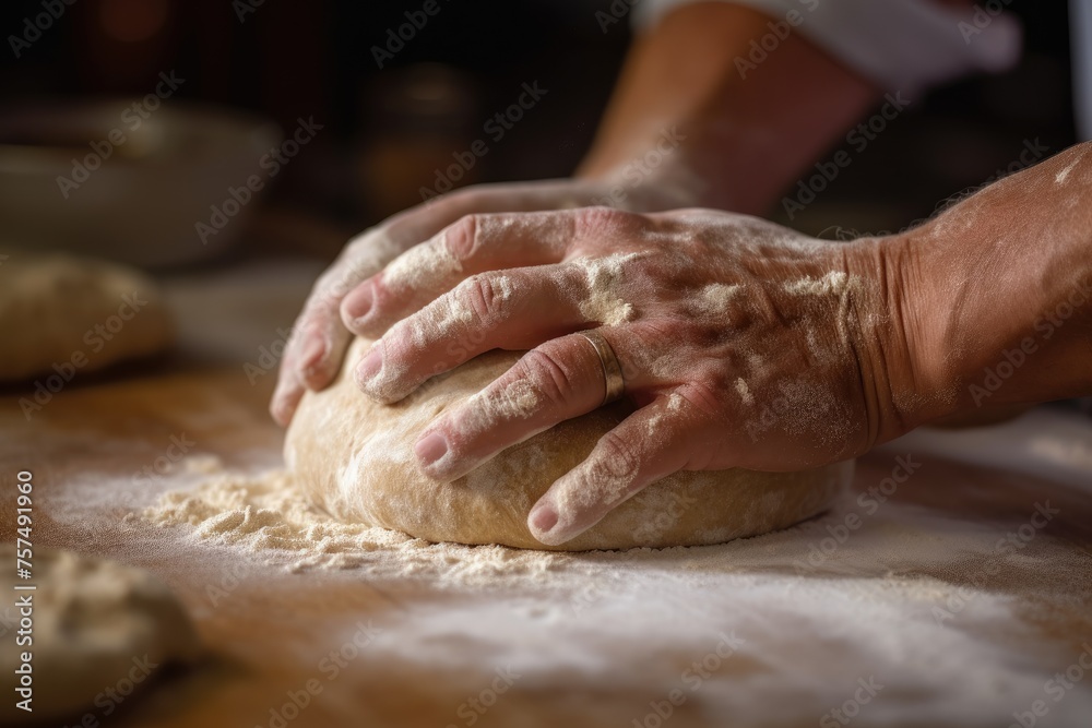 Close-up of hands dusted with flour, gently kneading a ball of dough on a floured surface, embodying the essence of traditional bread making