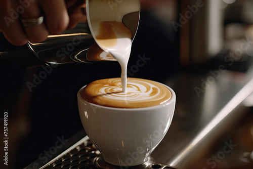 Barista pours steamed milk into a coffee cup  creating intricate cappuccino art  showcasing the finesse of coffee craftsmanship