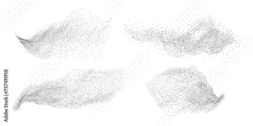Collection of shapes featuring noise grain texture stains, black and white dotted spray shades, and sand dust spots. A set of halftone splatter forms forming dark lack stipple grain smoke or steam.