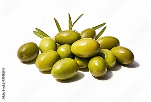 Green olives with leaves on a white background. Isolated.