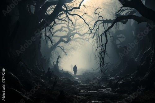 a person is walking through a dark forest at night