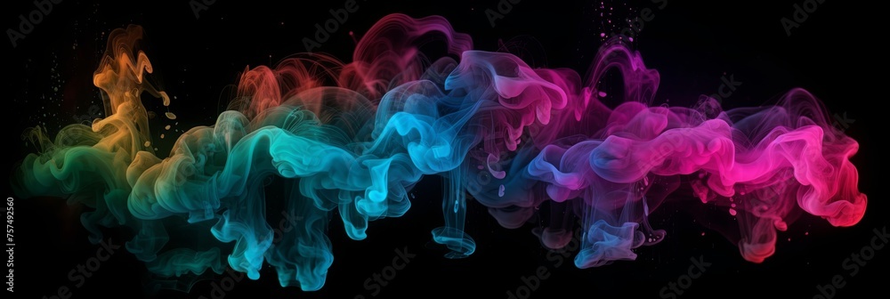 Swirl colors of magic neon smoke fog. Colorful rainbow haze with 3d blue steam flow with waves of curls and whirlpool of movement effect