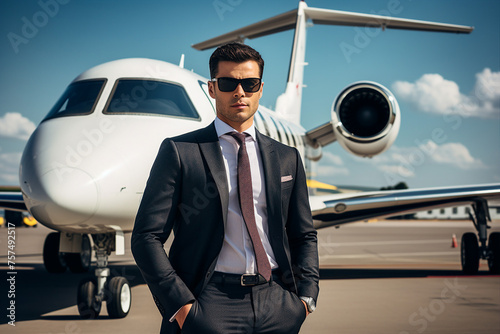 Portrait of a handsome smiling businessman in front of an airplane on a sunny day generative ai