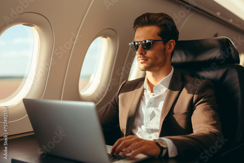 Portrait of a handsome smiling businessman in front of an airplane on a sunny day generative ai © deagreez