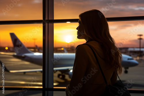 AI generated picture of young tourist in airport waiting for plane registration check in flight abroad © deagreez