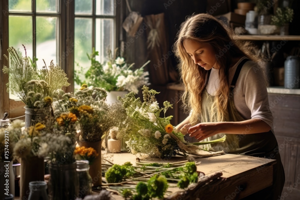 Young florist delicately arranges a rustic and organic bouquet, surrounded by a variety of wildflowers in a sunlit workshop