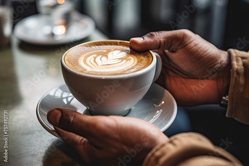 Сlose up of hands presenting a cup of coffee with intricate latte art, capturing the essence of café culture and craftsmanship