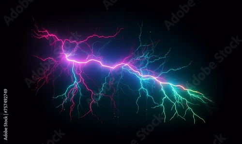 Neon realistic lightning strike. Purple thunderstorm with glow flash of energy with blinding electric light and powerful natural sparks