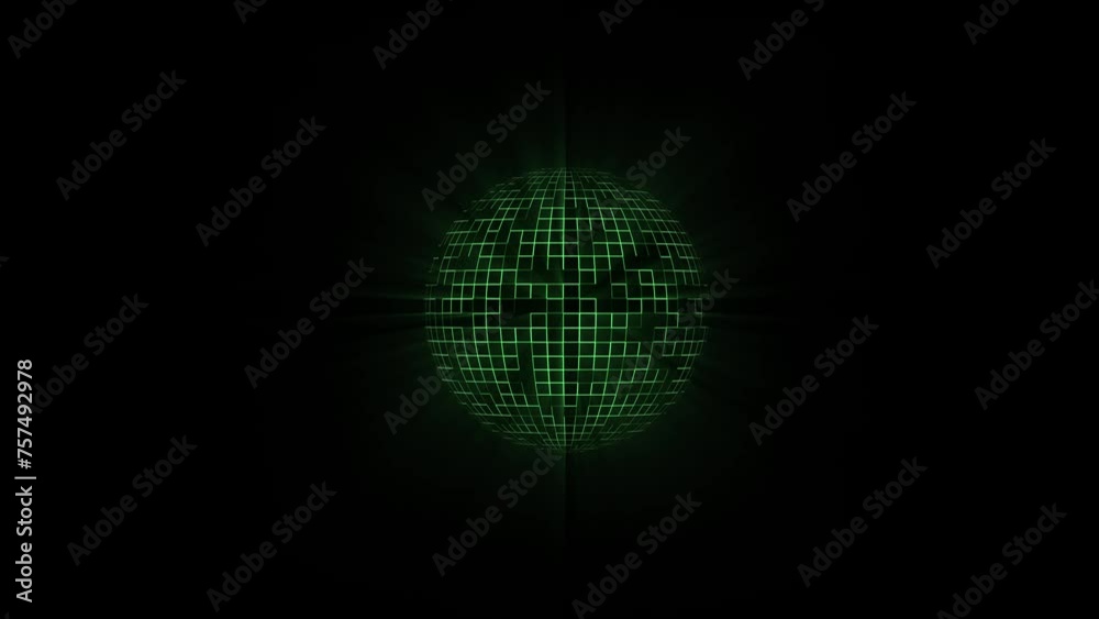 Abstract sphere of green glowing channels rotating on dark background. Abstract animation of technological sphere. Abstract sphere of green glowing channels rotating on dark background. Abstract animation of technological sphere.