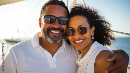 Smiling middle aged mixed race couple enjoying sailboat ride on summer day
