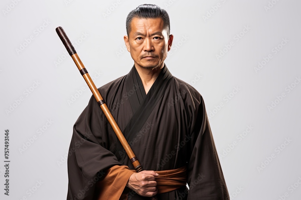 Asian martial arts master stands in traditional attire, holding a wooden staff, his gaze reflecting deep focus and discipline Asian martial arts master stands in traditional attire, holding a wooden staff, his gaze reflecting deep focus and discipline