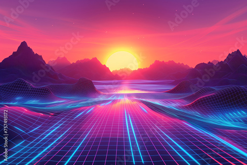 syntwave glow lighting with sunset over grid sea futuristic background