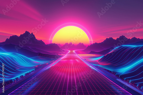 syntwave glow lighting with sunset over grid sea futuristic background