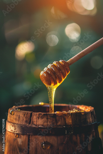 Illustration of traditional honey, unusual bright color natural honey, in the style of a romantic atmosphere, in a rustic style. With an unusual background. Very beautiful and appetizing. Realism. photo