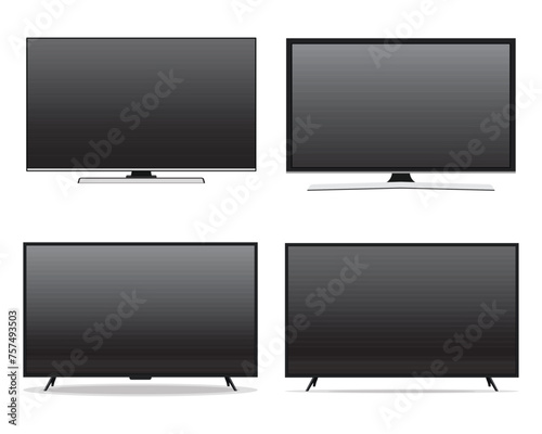 Set of TV flat screen lcd, plasma, tv mock up. black blank HD monitor 8K TV flatmockup. Modern video panel black flatscreen.Vector Illustration. Widescreen show your business presentation on display.