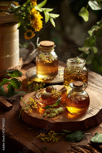 Illustration of traditional honey, unusual bright color natural honey, in the style of a romantic atmosphere, in a rustic style. With an unusual background. Very beautiful and appetizing. Realism. photo