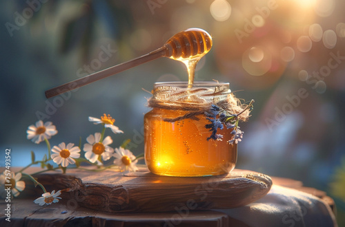 Illustration of traditional honey, unusual bright color natural honey, in the style of a romantic atmosphere, in a rustic style. With an unusual background. Very beautiful and appetizing. Realism. photo