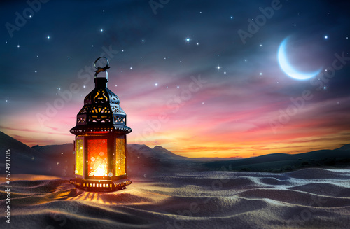 Ramadan Kareem - Arabic Lantern At Dawn In Desert With Crescent Moon - Magic Abstract Glitter In The Light © Romolo Tavani
