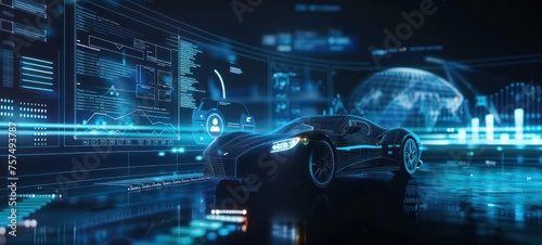 Creative blue car interface on dark wallpaper. Transport, engineering, future and technology concept. 3D Rendering