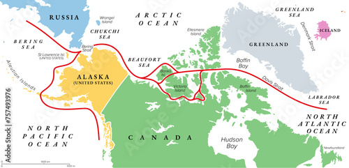 Northwest Passage, NWP, political map. Sea lane between Atlantic and Pacific Ocean through the Arctic Ocean, along the coast of North America via waterways through the Arctic Archipelago of Canada.