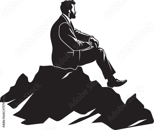 EverestEase Tranquil Seated Man on Mountain Rock Emblem SummitSilence Peaceful Contemplation on Rock Logo