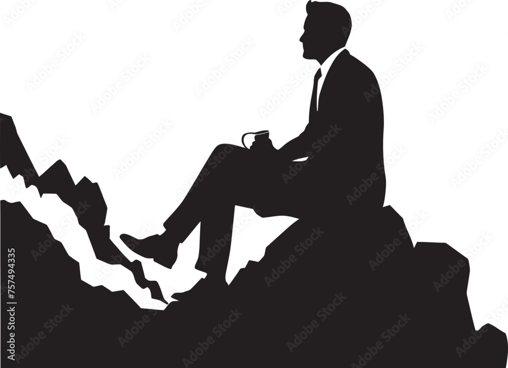 Cliff Crest Peaceful Contemplation on Mountain Silhouette Emblem Summit Solace Lone Figure Resting on Mountain Black Icon Cliff Crest Peaceful Contemplation on Mountain Silhouette Emblem Summit Solace Lone Figure Resting on Mountain Black Icon