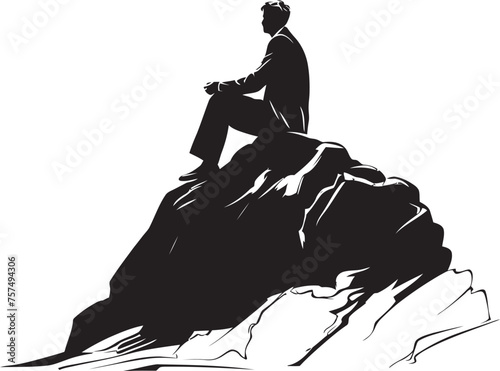 Cliff Contemplation Contemplative Man on Rock Icon Zen Pinnacle Serene Moment on Mountain Emblem