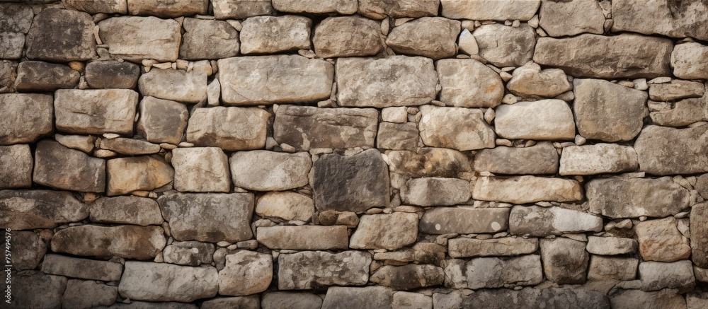 A detailed closeup of a stone wall made up of rectangular bricks, showcasing the intricate brickwork and building material of the structure