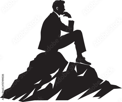 SummitSerenity Black Logo Icon of Man Absorbing Nature on Mountain Rock CliffCalm Solitary Figure on Mountain Rock Vector photo