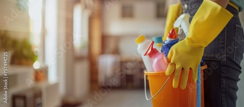 Basket with cleaning items and cleaner on blurry home interior background, Cleaning service. banner