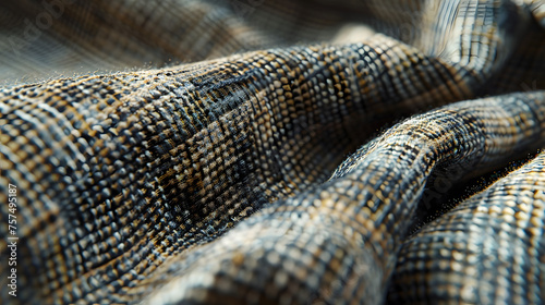 Detailed view of a woven fabric pattern with interlacing threads creating a texture in monochromatic gray