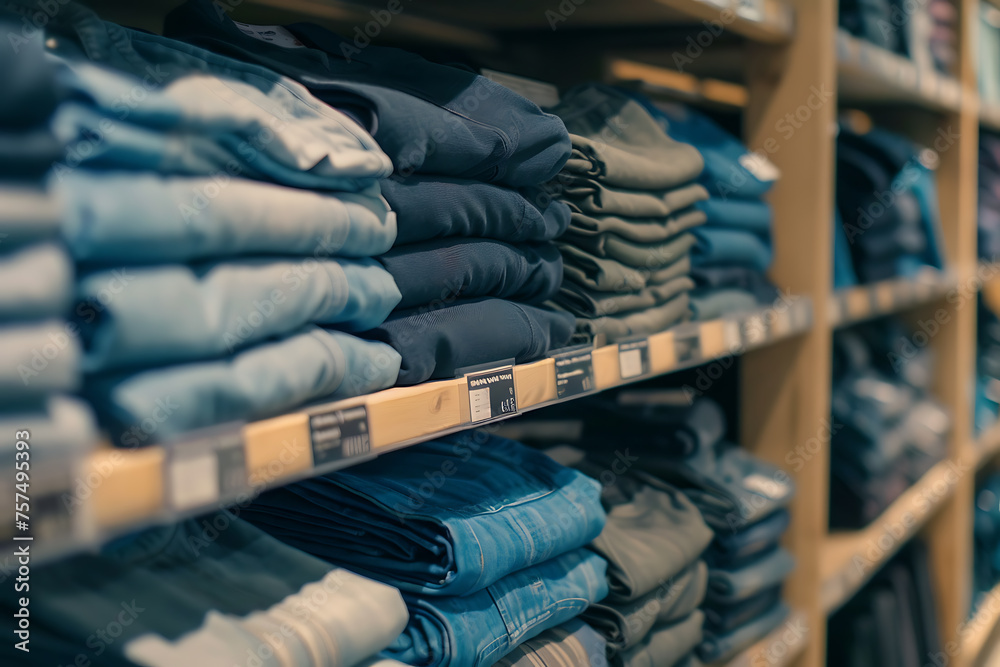 Rack of Folded Shirts in a Store
