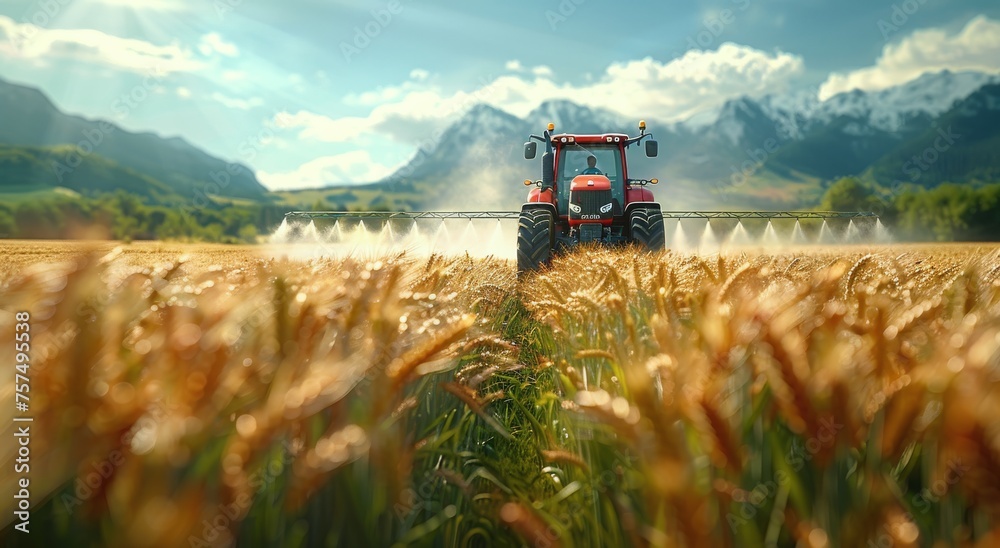 Obraz premium Red Tractor Driving Through Wheat Field