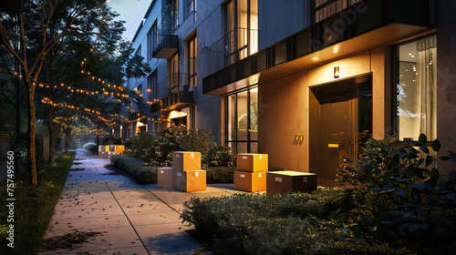 Stack of moving boxes in outside new apartments. © Curva Design