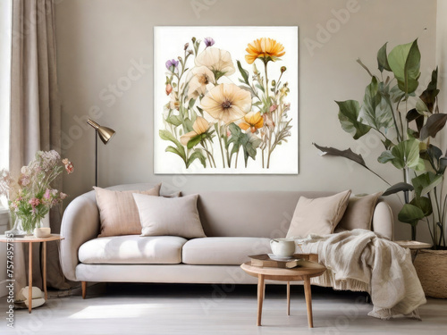 living room on wall watercolor flower and natural floral poster frame with comfortable sofa and pillow in front of tea table with white background
