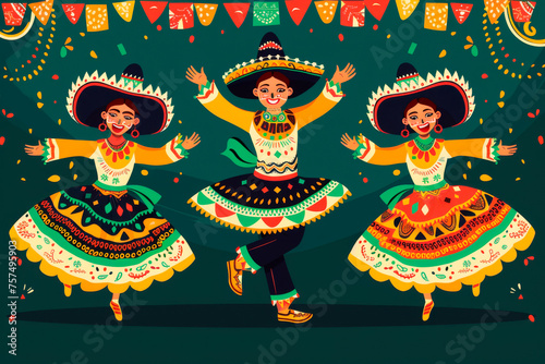 dancing people in traditional Mexican outfits and sombrero hats Festive greeting card Cinco De Mayo holiday background