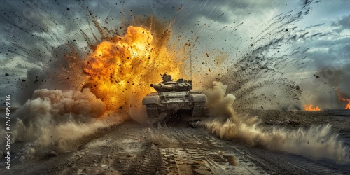 Tank in a dynamic battlefield environment with explosions and debris. photo