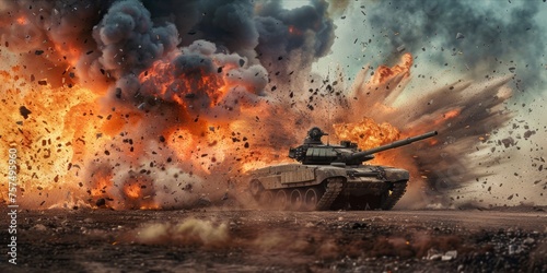 Tank in a dynamic battlefield environment with explosions and debris.