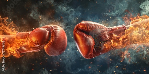 Two boxing gloves colliding with dramatic smoke and fire effects. photo
