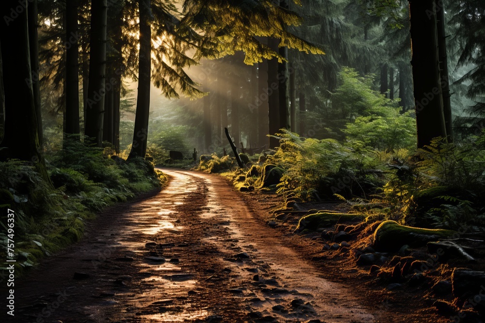 Sunlight filtering through trees onto dirt road in forest - obrazy, fototapety, plakaty 
