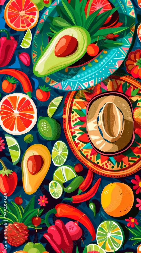 abstract bright colored background with traditional mexican food, avocado, lime, fruit and sombrero hat for the holiday Cinco De Mayo