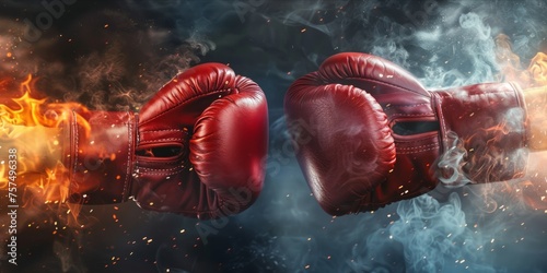 Two boxing gloves colliding with dramatic smoke and fire effects.