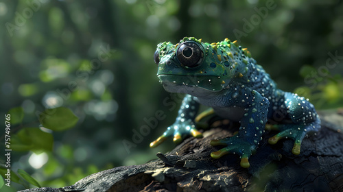A visually striking image of a blue frog perched observantly on a tree branch, embodying concepts of adaptability and alertness