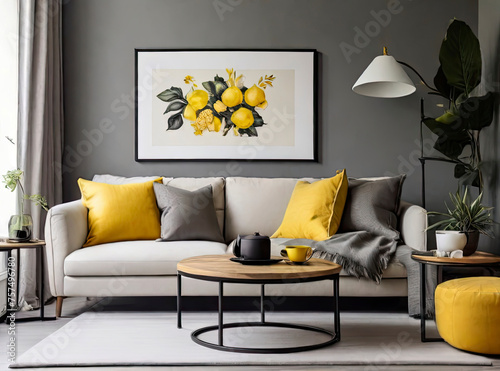 living room on wall watercolor flower and natural floral poster frame with comfortable sofa and pillow in front of tea table with white background