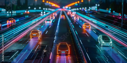 Autonomous cars on a smart road with digital interface and connectivity features.