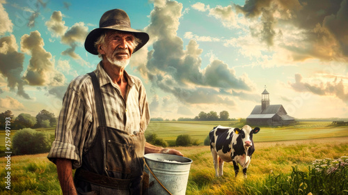 A farmer stands beside a dairy cow in a picturesque rural landscape, holding a bucket of freshly milked milk photo