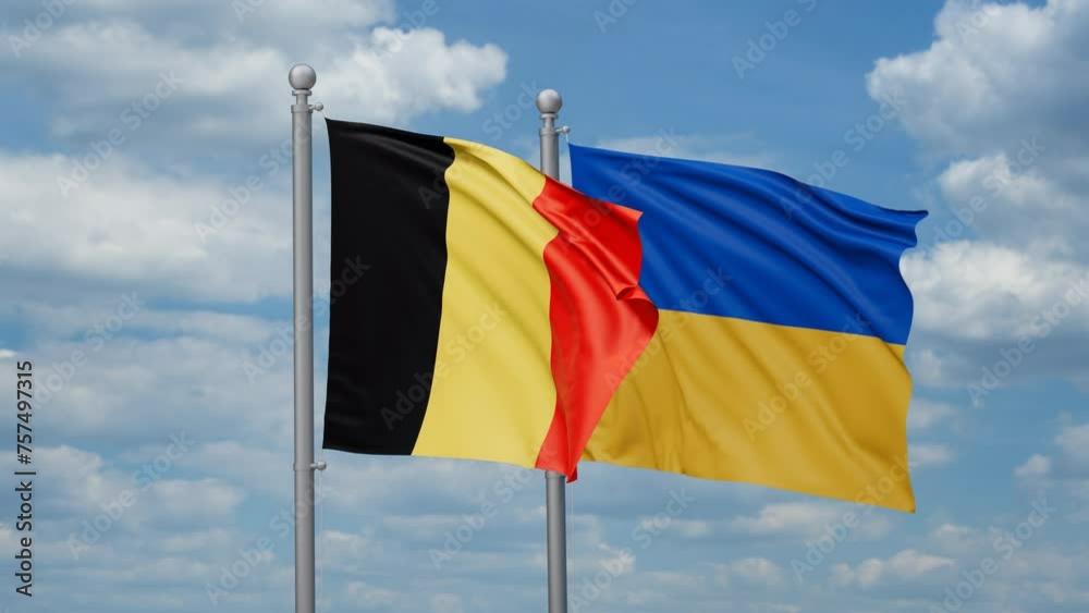 Ukraine and Belgium two flags waving together, looped video, two country cooperation concept Ukraine and Belgium two flags waving together, looped video, two country cooperation concept