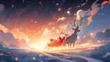 The magical scene of Santa Claus flying across a starry night sky on his sleigh, pulled by reindeer with glittering horns, delivering gifts to children around the world Generative AI