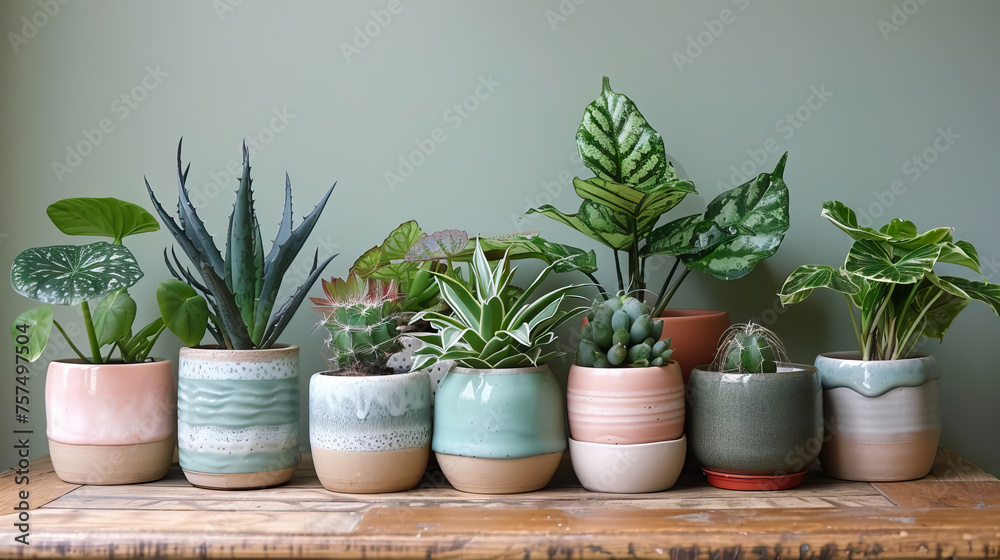 Indoor plants in pots display. House plants against plain pastel wall background.